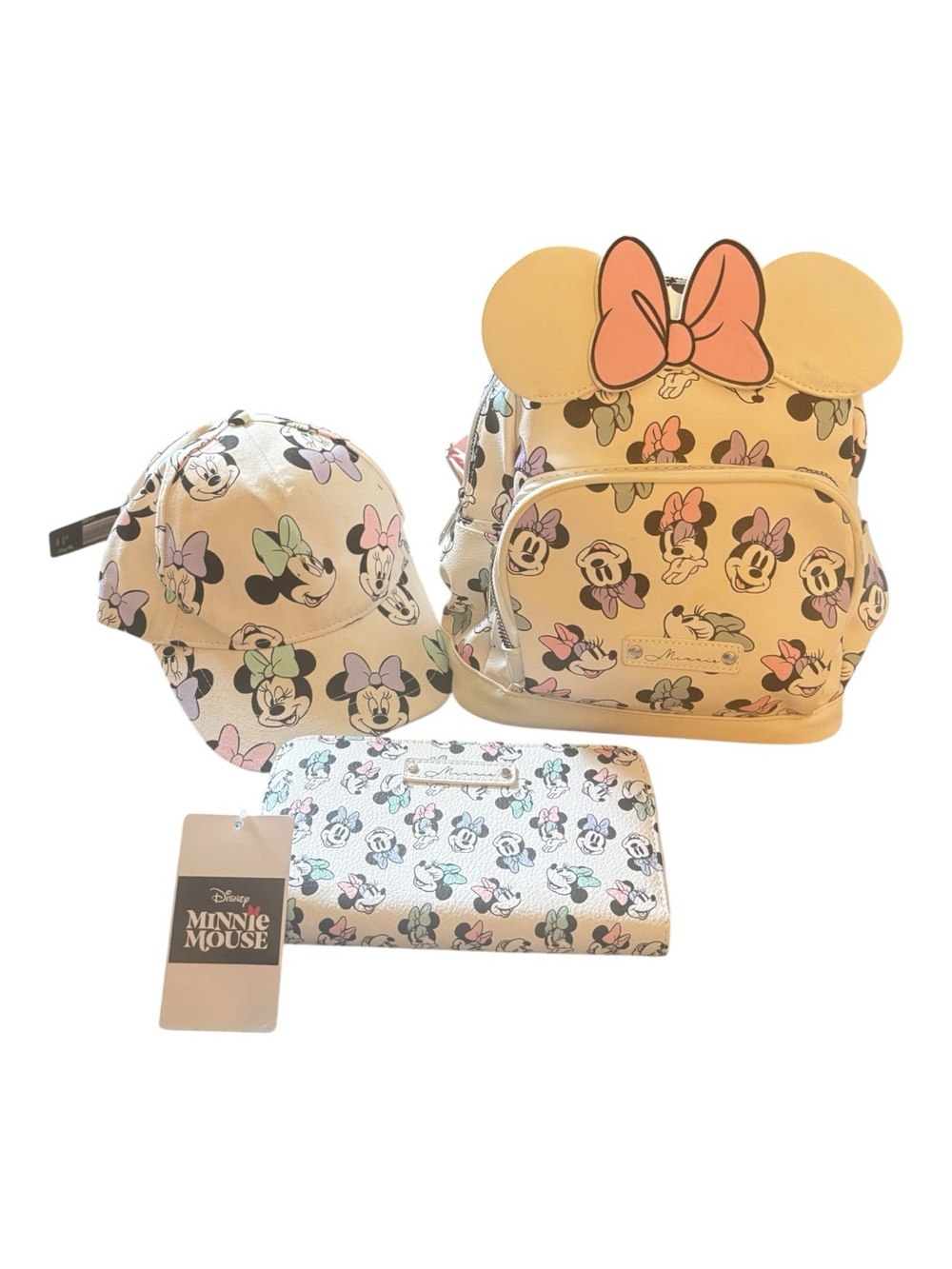Disney Minnie Mouse Backpack, Cap & Wallet Set with Pastel Bows NWT